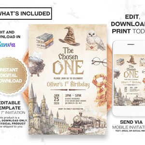 May include: A digital invitation template with a watercolor design. The invitation features a castle, train, and other magical elements. The text reads "The Chosen One" and "Oliver's 1st Birthday". The invitation is 5" x 7" and can be edited and downloaded.