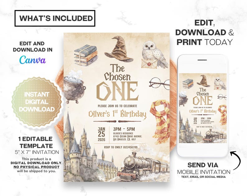 May include: A digital invitation template with a watercolor design. The invitation features a castle, train, and other magical elements. The text reads "The Chosen One" and "Oliver's 1st Birthday". The invitation is 5" x 7" and can be edited and downloaded.
