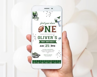 First Year Down Mobile Invitation, Football Birthday Digital Invite, Little Rookie, Editable Canva Template