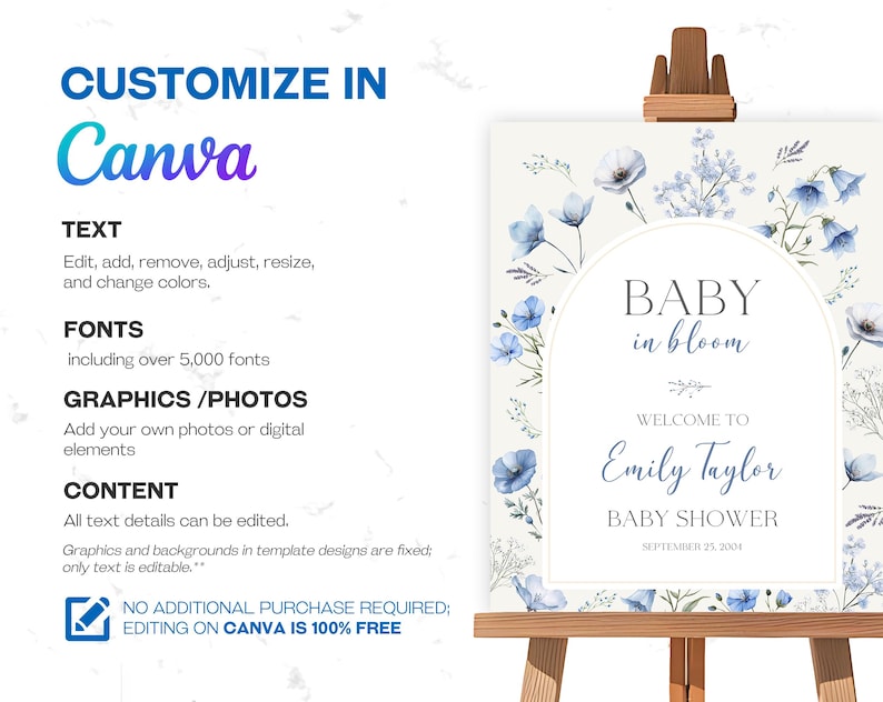 Blue Baby in Bloom Baby Shower Welcome Sign – a charming floral welcome for your sweet boy’s special day! This pastel blue Baby in Bloom Welcome Sign features delicate wildflowers, spring blooms, and garden-inspired elements, perfect for setting the tone at your boy baby shower. Ideal for decorating entryways, dessert tables, or photo backdrops, this wildflower floral welcome sign adds a soft, boho touch to your celebration.