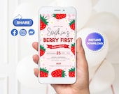 Editable Berry First Birthday Evite, Berry Mobile Phone Invite, Strawberry Electronic Invitation, Strawberry Birthday Digital Invite, Canva