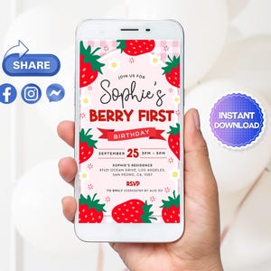Editable Berry First Birthday Evite, Berry Mobile Phone Invite, Strawberry Electronic Invitation, Strawberry Birthday Digital Invite, Canva