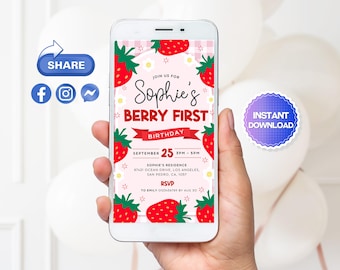 Editable Berry First Birthday Evite, Berry Mobile Phone Invite, Strawberry Electronic Invitation, Strawberry Birthday Digital Invite, Canva