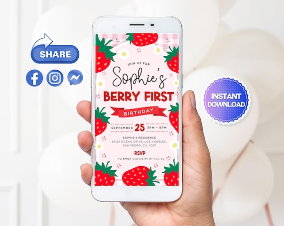 Editable Berry First Birthday Evite, Berry Mobile Phone Invite, Strawberry Electronic Invitation, Strawberry Birthday Digital Invite, Canva