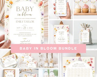 May include: A collection of baby shower stationery with a floral theme. Includes invitations, phone screen design, cupcake toppers, a welcome sign, favor bag, thank you cards, diaper raffle cards, champagne bottle labels, custom sign, food cards, water bottle labels, and a calendar.