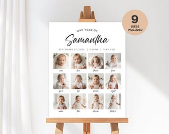 Può includere: Un poster bianco con un titolo nero "One Year of Samantha" e una data, un'ora e un peso. Il poster contiene 12 foto di una bambina, una per ogni mese dell'anno.