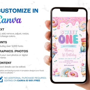 May include: A pink and blue birthday invitation with a sweet one theme. The invitation features a donut, sprinkles, and a cupcake. The text on the invitation reads "Sweet One" and "Olivia's 1st Birthday".