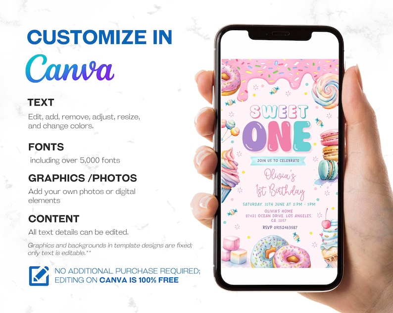 May include: A pink and blue birthday invitation with a sweet one theme. The invitation features a donut, sprinkles, and a cupcake. The text on the invitation reads "Sweet One" and "Olivia's 1st Birthday".