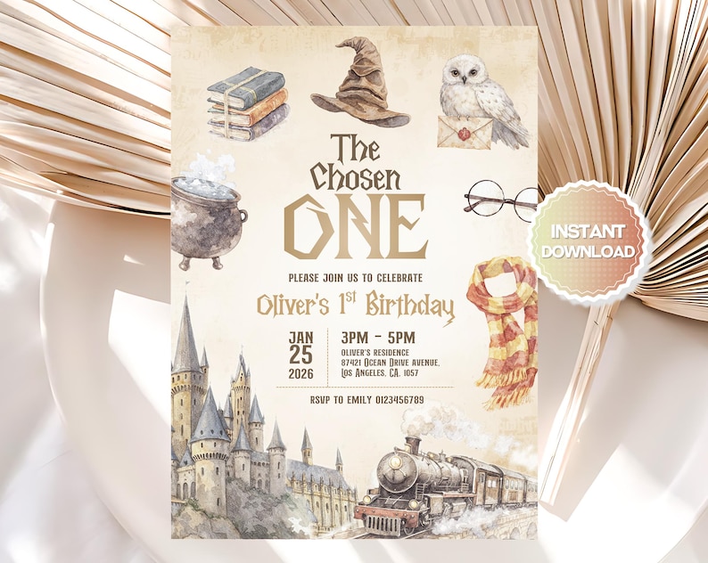 Editable The Chosen One Birthday Invitation, The Chosen One Birthday Party, Wizard Birthday Invitation, Magical 1st Birthday Invite, Canva image 1
