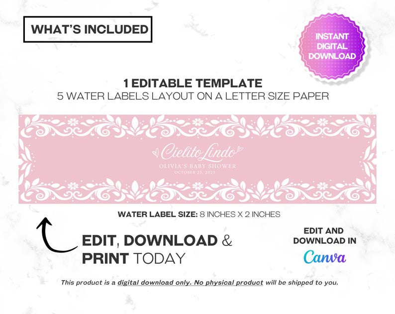 Cielito Lindo Baby Shower Water Bottle Label in pastel pink featuring papel picado and Pink Talavera patterns. A festive Mexican-themed party favor for girl baby showers. Editable in Canva, perfect for adding charm to your Cielito Lindo celebration.