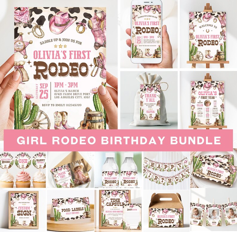 Editable First Rodeo Birthday Bundle, Girl Rodeo 1st Birthday Bundle ...