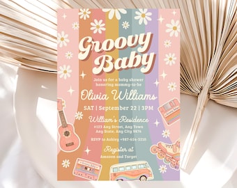 Groovy Baby Shower Invitation, Retro Hippie 70s Vibe Theme Printable Invite, Editable Canva Template