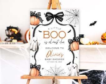 Halloween-Babyparty-Willkommensschild, ein kleiner Boo ist fast aufgrund der Babyparty, Halloween-Geist-Babypartyschild, bearbeitbares Babypartyschild