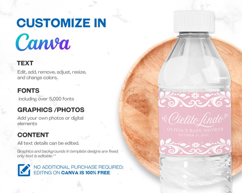 Cielito Lindo Baby Shower Water Bottle Label in pastel pink featuring papel picado and Pink Talavera patterns. A festive Mexican-themed party favor for girl baby showers. Editable in Canva, perfect for adding charm to your Cielito Lindo celebration.