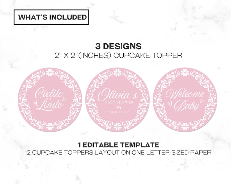 Pink Cielito Lindo Baby Shower Cupcake Topper features pastel pink Talavera and papel picado designs, perfect for a Mexican-themed girl baby shower. This printable topper adds a festive touch to your Cielito Lindo baby shower party decor and makes a charming cielito lindo party favor.