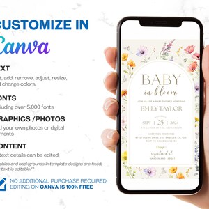 Baby in Bloom Baby Shower Mobile Phone Invitation featuring a beautiful wildflower design with pink floral accents. This digital invite is perfect for a boho-themed baby shower, ideal for summer and spring celebrations. A convenient and stylish electronic evite option.