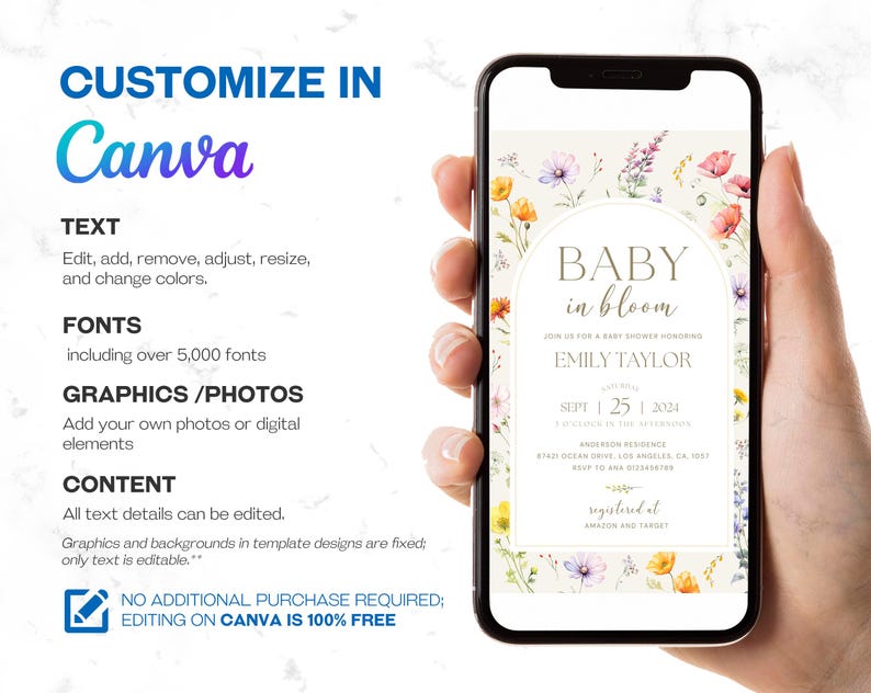 Baby in Bloom Baby Shower Mobile Phone Invitation featuring a beautiful wildflower design with pink floral accents. This digital invite is perfect for a boho-themed baby shower, ideal for summer and spring celebrations. A convenient and stylish electronic evite option.