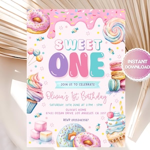 Invito di compleanno modificabile Sweet One, invito di compleanno Candy Land, invito di compleanno Donut, invito di compleanno Sweet Candy, Canva