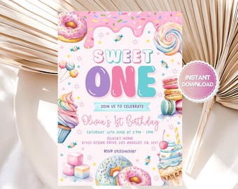 Editable Sweet One Birthday Invitation,  Candy Land Birthday Invitation, Donut Birthday Invite, Sweet Candy Birthday Invitation, Canva