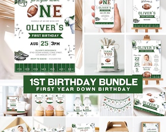 First Year Down Birthday Bundle, Football Birthday Bundle, Football First Birthday Party Kit, First Year Down Party Decor and Favor, Canva