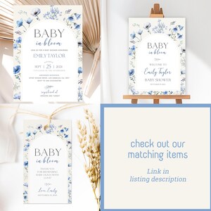 Celebrate your little one with this Blue Baby in Bloom Baby Shower Bundle. The perfect mix of charm for a boy baby shower! This beautifully coordinated wildflower floral shower bundle includes everything you need: a soft pastel blue Baby in Bloom invitation card, a matching welcome sign, and thank you favor tags. Whether you're planning a garden-themed or spring floral baby shower, this baby in bloom bundle brings elegant Baby in Bloom baby shower decors and favors all in one place.