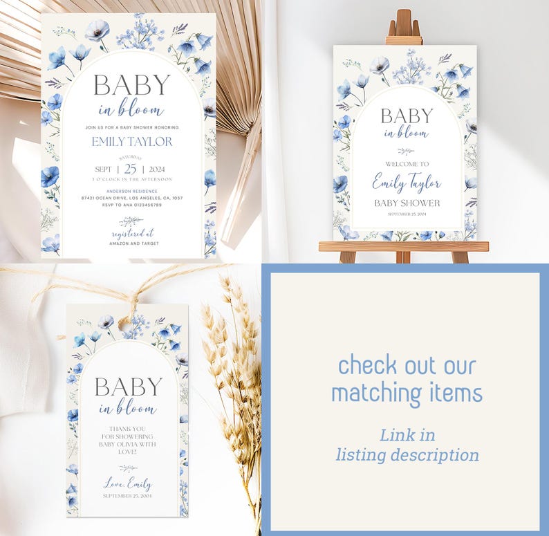Celebrate your little one with this Blue Baby in Bloom Baby Shower Bundle. The perfect mix of charm for a boy baby shower! This beautifully coordinated wildflower floral shower bundle includes everything you need: a soft pastel blue Baby in Bloom invitation card, a matching welcome sign, and thank you favor tags. Whether you're planning a garden-themed or spring floral baby shower, this baby in bloom bundle brings elegant Baby in Bloom baby shower decors and favors all in one place.