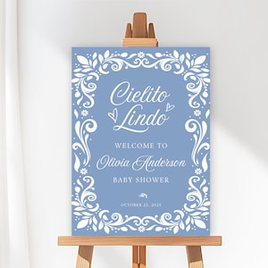 Bearbeitbares Cielito Lindo-Babypartyschild, Talavera-Babypartyschild, Pastellblau Cielito Lindo-Willkommensschild, mexikanisches Babypartyschild, Canva