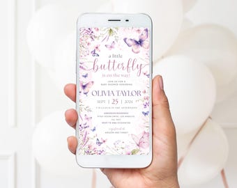 Editable Butterfly Baby Shower Mobile Invitation: Pink and Purple Butterfly Floral Digital Invitation for A Little Butterfly Is On The Way