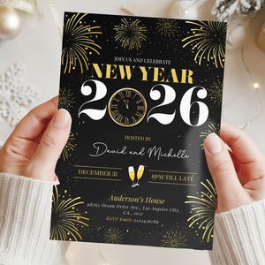 New Year's Party Invitation featuring gold elegant designs with fireworks, champagne and a clock. This NYE party invite sets the tone for a festive celebration, perfect for the New Year countdown and welcoming 2026.