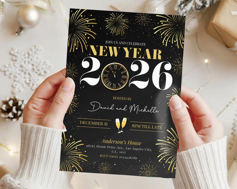 New Year's Party Invitation featuring gold elegant designs with fireworks, champagne and a clock. This NYE party invite sets the tone for a festive celebration, perfect for the New Year countdown and welcoming 2026.