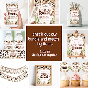May include: A set of printable party decorations for a rodeo themed birthday party. The set includes a welcome sign, a banner, cupcake toppers, water bottle labels, and a thank you bag. The decorations feature a cowboy hat, boots, cacti, and a horse.