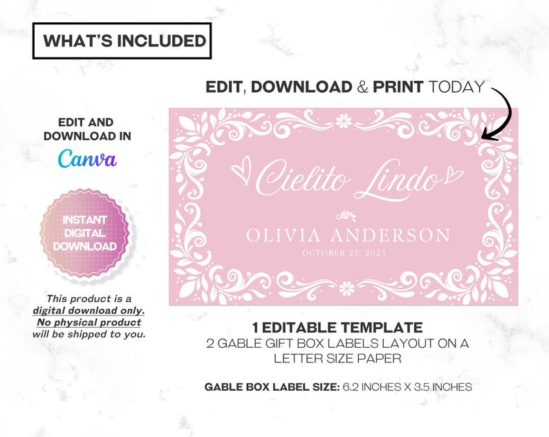 Celebrate your girl baby shower with this Editable Cielito Lindo Gable Box Label, featuring vibrant papel picado, soft pink pastel tones, and traditional pink Talavera patterns. Perfect for a Mexican-themed baby shower, this Pink Cielito Lindo Gift Box Label adds festive charm to your Cielito Lindo party favors and treat boxes. Instantly editable and printable.