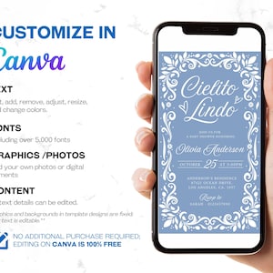Cielito Lindo Blue Baby Shower Mobile Invitation features a pastel blue Talavera design with festive papel picado elements, perfect for a Mexican-themed boy baby shower. This digital invite is available as a mobile phone invitation or electronic evite for easy sharing.