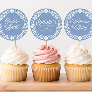 Toppers cupcake modificabili Cielito Lindo Baby Shower, Toppers stampabili Cielito Lindo, Toppers cupcake Talavera blu, Bomboniere Cielito Lindo
