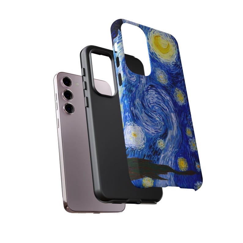 May include: A phone case with a design inspired by Van Gogh's "Starry Night" painting. The case is predominantly blue with swirling brushstrokes, yellow stars, and a dark foreground. A black phone case and a lavender phone are also visible.