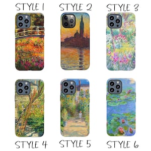 May include: Six iPhone cases featuring vibrant Impressionist art. Designs include a bridge over water, a sunset cityscape, a garden with pink flowers, a garden with trees, a path with sunflowers, and water lilies.