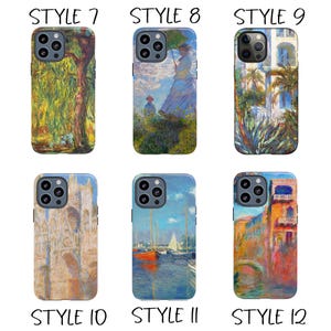 May include: Six phone cases showcasing famous impressionist art. The designs include landscapes, figures with parasols, and architectural scenes. Each case has a black border and a style number printed at the bottom.