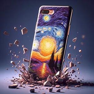 May include: A mobile phone case displaying a colourful interpretation of Van Gogh's "Starry Night". The design includes a swirling night sky, a bright yellow sun, and a landscape of trees and water. The case is surrounded by fragments.