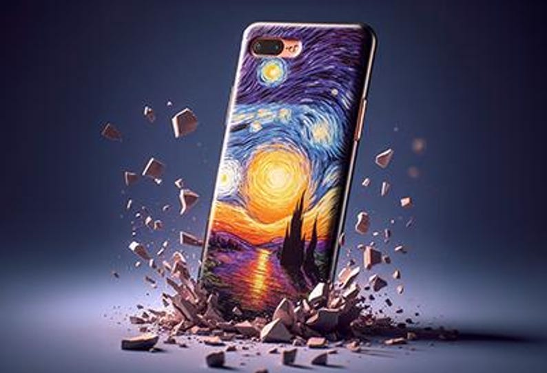 May include: A mobile phone case displaying a colourful interpretation of Van Gogh's "Starry Night". The design includes a swirling night sky, a bright yellow sun, and a landscape of trees and water. The case is surrounded by fragments.