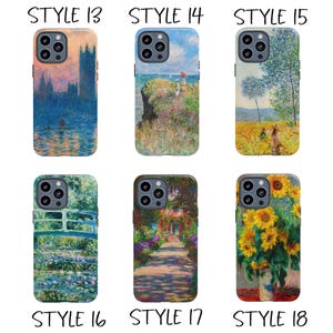 May include: Six phone cases featuring impressionist art. Designs include a sunset over water, a coastal scene with figures, a field of yellow flowers, a Japanese bridge, a garden path, and a vase of sunflowers. Each case has a black camera lens cutout.