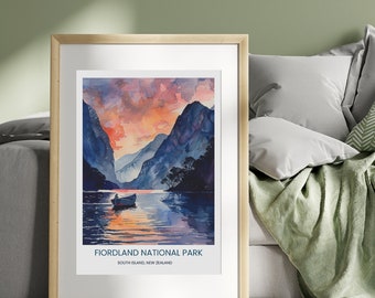 Fiordland National Park Watercolour Illustration, Colorful wall art, Wall Decor, Gift Ideas, Travel collection, Colorful Art, Travel Poster