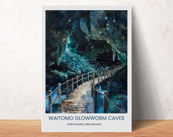 Waitomo Glowworm Caves Watercolour Illustration, Colorful wall art, Wall Decor, Gift Ideas, Travel collection, Colorful Art, Travel Poster