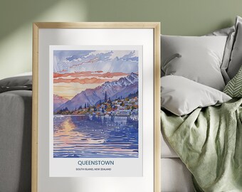 Queenstown Watercolour Illustration, Colorful wall art, Wall Decor, Gift Ideas, Travel collection, Colorful Art, Travel Poster