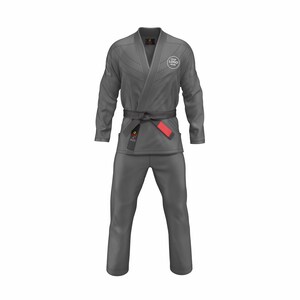 May include: A gray martial arts uniform, or gi, with a black belt and red accent. The gi includes a jacket and pants, with a logo on the chest. The uniform is designed for martial arts training and competition.