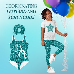 Personalized Gymnastics Outfit Girls Custom Set Leotard Leggings T-Shirt Scrunchie Kids Practice Wear Dance Gift Sparkly Performance Clothes