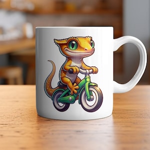Funny Crested Gecko Biking Ceramic Mug - Reptile Lover Gift