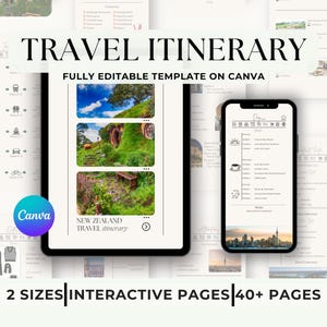 Peut inclure: Un modèle d'itinéraire de voyage numérique affiché sur une tablette et un smartphone. La tablette montre un itinéraire en Nouvelle-Zélande avec des images. Le téléphone affiche un emploi du temps détaillé. Le texte comprend "TRAVEL ITINERARY" et "FULLY EDITABLE TEMPLATE ON CANVA".