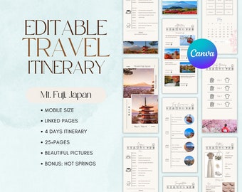 May include: An editable travel itinerary template for Mt. Fuji, Japan, featuring a mobile-friendly design with linked pages. Includes a 4-day itinerary, 25+ pages, beautiful pictures, and bonus hot springs. The Canva logo is visible.