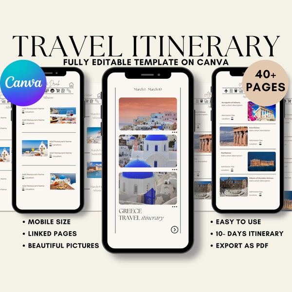 Greece Travel Planner Athens Travel Itinerary Template Printable Travel Guide Digital Template Vacation Plan Canva Editable Mobile Itinerary