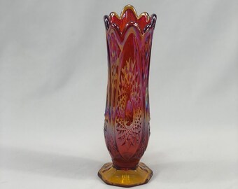 Vintage Indiana Glass Heirloom Sunset Carnival Swung Vase Hobstar Red Amberina Base